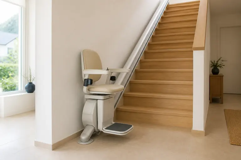 Moderner Sitzlift mit sichtbarer Schiene an einer geraden Holztreppe in einem Wohnhaus